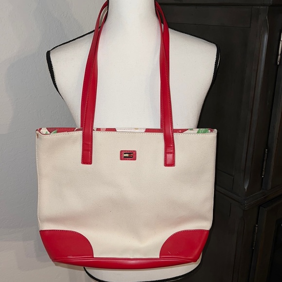 Tommy Hilfiger Handbags - 🍎Tommy Hilfiger Red faux leather & canvas handbag!  Sweet Apple fabric lining!